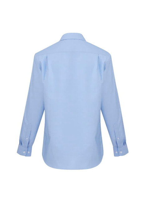 A light blue men's button-up shirt with long sleeves and a classic collar, featuring a logo on the back.