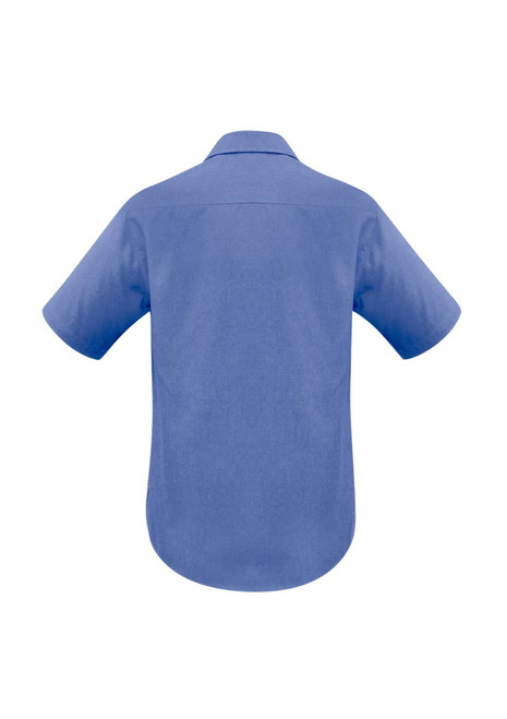A blue short sleeve button-up shirt with a collar and a branded logo on the back.