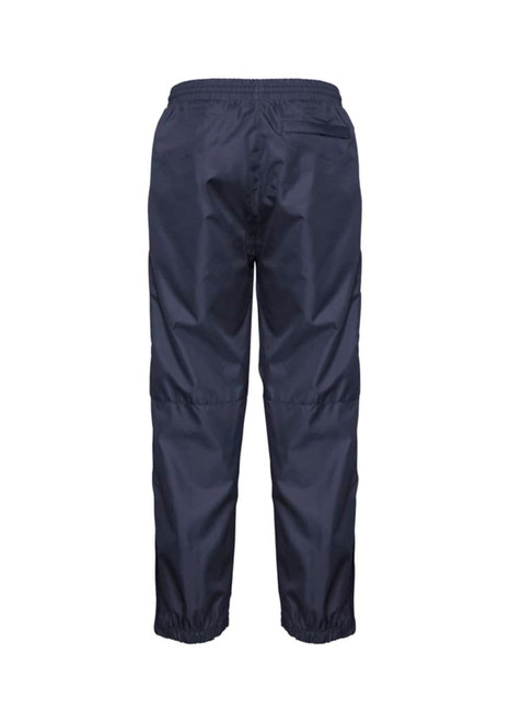 A pair of navy blue track pants with an elastic waistband and elastic cuffs at the ankles, featuring a branding logo.