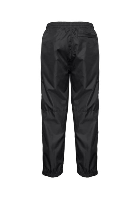 Black track pants with an elastic waistband and gathered cuffs, featuring a branding logo.