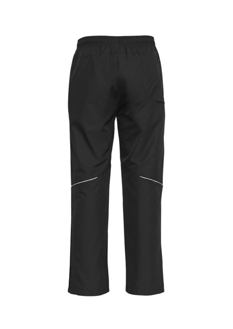 Black unisex track pants with an elastic waistband, featuring reflective details and a logo.