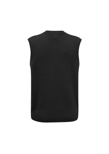 A black men's woolmix knit vest with a sleeveless design and ribbed detailing at the hem.