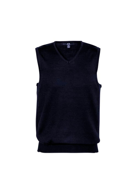 A navy blue men's vest with a V-neck design and no sleeves, featuring a logo on the neckline.