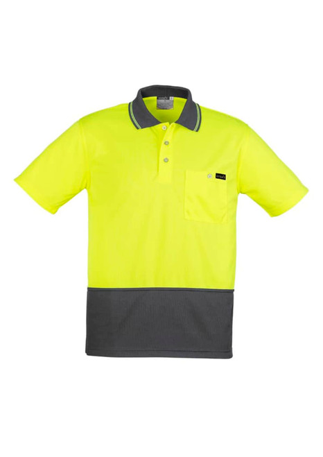 A short sleeve polo shirt in high visibility yellow with a grey bottom panel and a pocket. Features a logo.