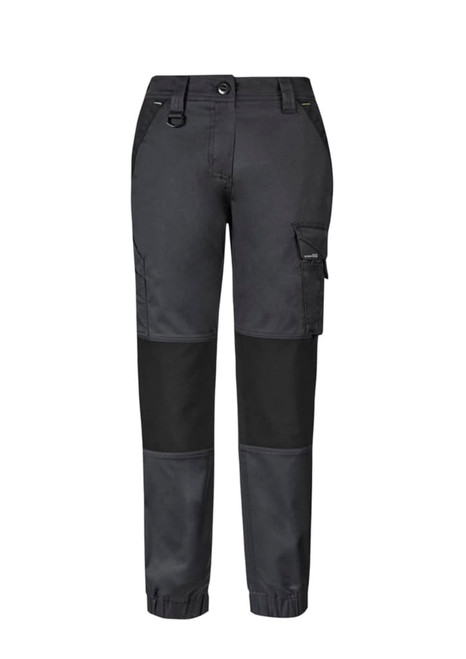 Women's streetwear tough pants in dark grey with black panel accents and a cargo pocket. Features a logo.