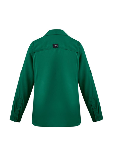 A green long sleeve women's outdoor shirt with a button-up design and a logo on the back.