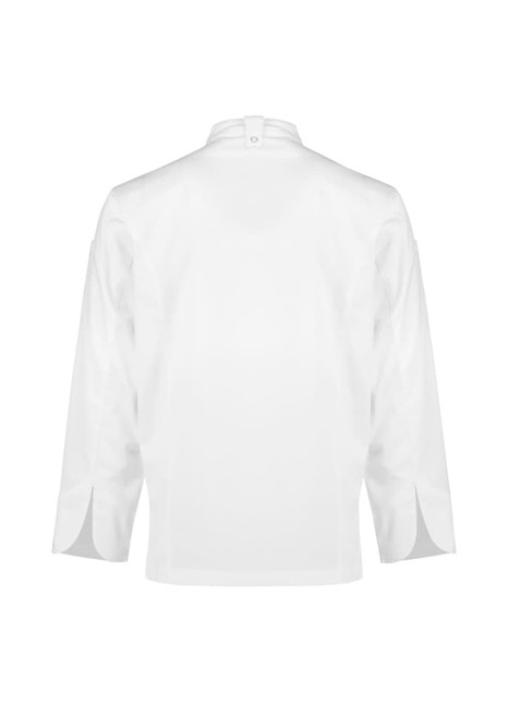 A white long sleeve chef jacket featuring a high collar and side slits, with a logo on the back.