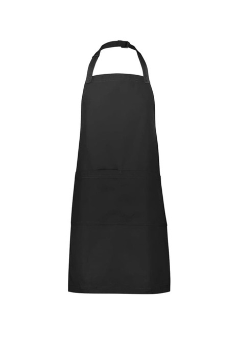 A black Barley apron featuring a front pocket and adjustable neck strap, with a logo. Ideal for workwear.