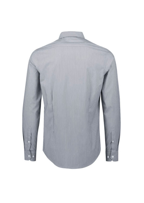 A tailored long sleeve shirt featuring a grey and white striped pattern and a button-up front.