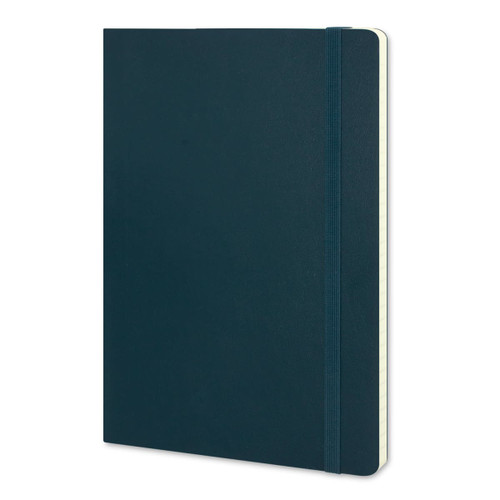 A large, dark green soft cover notebook with an elastic band and lined pages. It features a logo on the cover.