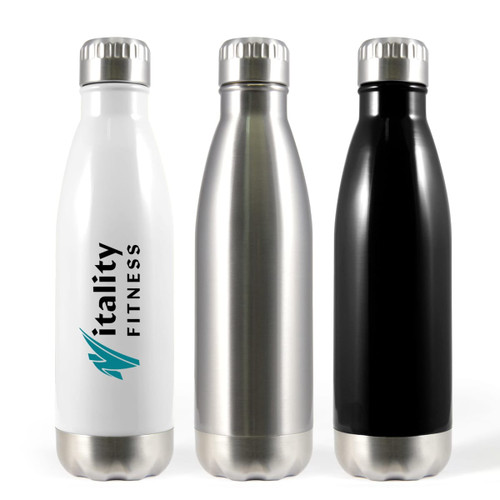 A drink bottle set featuring stainless steel in black, silver, and white with a logo on the white bottle.