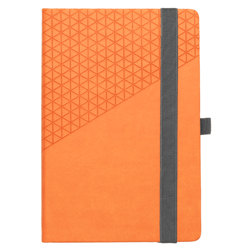 An orange geometric-patterned notebook with a grey elastic band and a bookmark, featuring a logo.