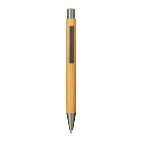 A bamboo ballpoint pen with a silver tip, featuring a sleek design and a clip on one side.