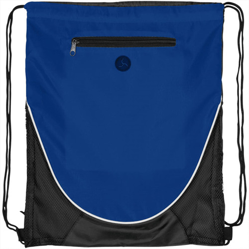 A blue and black drawstring backpack featuring a zippered front pocket and a logo.