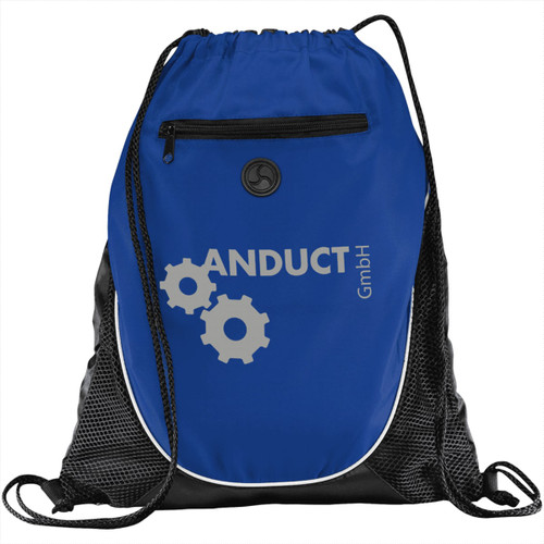 A blue and black drawstring backpack featuring a zippered pocket and a logo with gears.