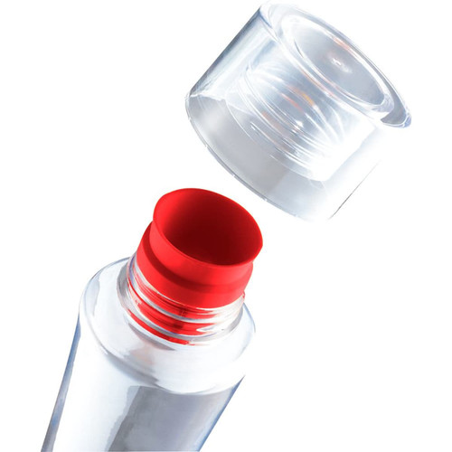 A drink bottle with a clear body and a red cap, featuring a logo on the side. BPA free, 470ml capacity.