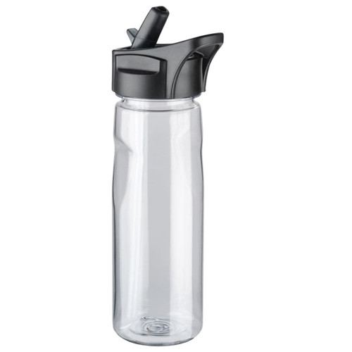 A drink bottle in clear plastic with a black flip-top lid. It features a built-in straw and has a logo.