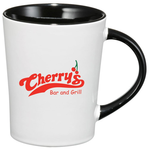 A ceramic mug with a white exterior and black interior, featuring a logo on the front.