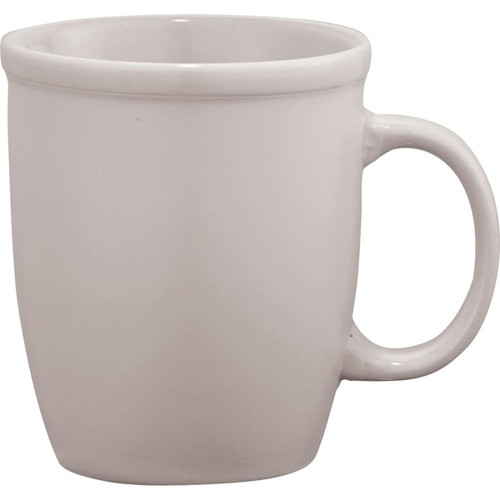 A ceramic coffee mug in a sleek, cream colour with a comfortable handle. Features a simple design and has a logo.