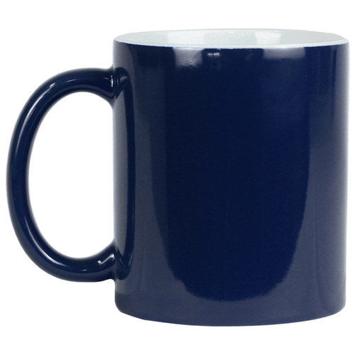 A navy blue ceramic mug with a glossy finish and a large handle, presented without any design elements.