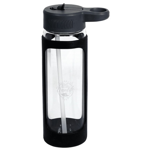 A drink bottle with a transparent glass body and black silicone cover, featuring a grey lid and straw.