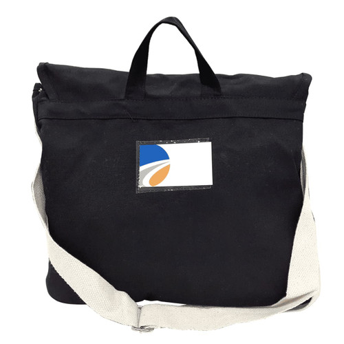 A black canvas shoulder bag with a cream strap, featuring a logo on the front.