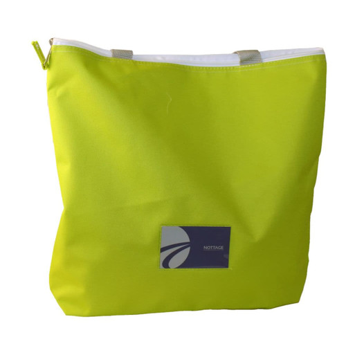 A bright lime green zippered tote bag with a white top and a logo on the front.