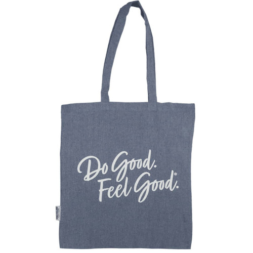 A blue recycled cotton twill tote bag with a white logo and text design.