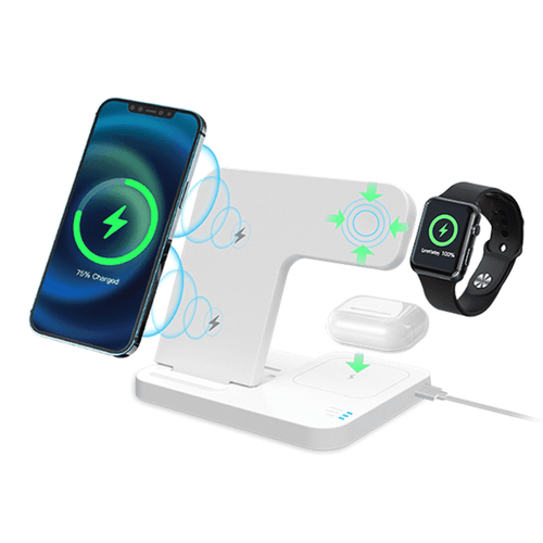 A 3-in-1 foldable wireless charger in white, charging a smartphone, smartwatch, and wireless earbuds. Features a logo.