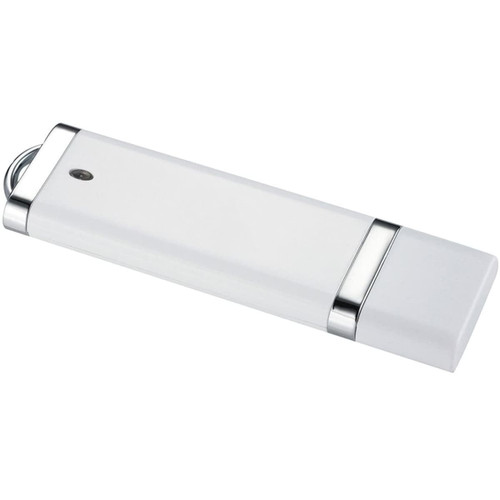 A white USB flash drive with silver accents, featuring a sleek design and a small logo on the body.