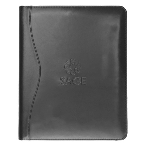 A black leather compendium featuring a sleek design and a subtle embossed logo. Ideal for professional use.