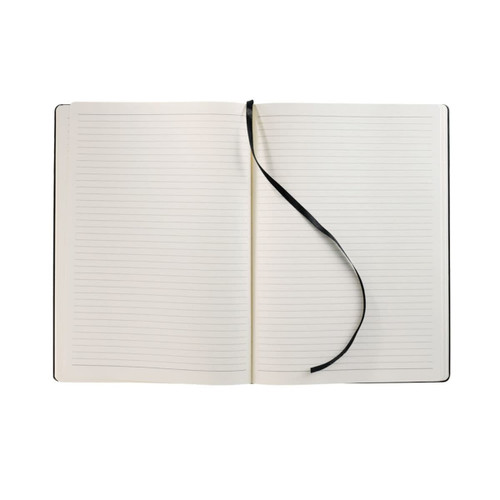A large bound journal with lined pages and a black ribbon bookmark, featuring a black cover.