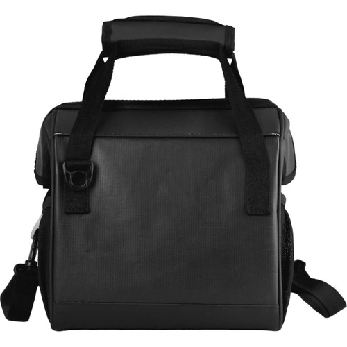 A black lunch cooler with a sturdy handle, featuring a sleek design and shoulder strap. It has a logo on the side.