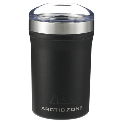 A drink bottle in matte black with a silver rim and a transparent lid, featuring a branding logo.