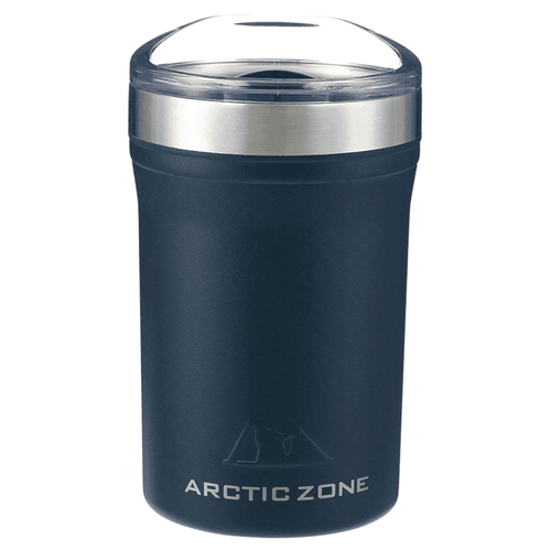 A drink bottle in navy blue with a stainless steel band and a clear lid. It features a logo on the front.