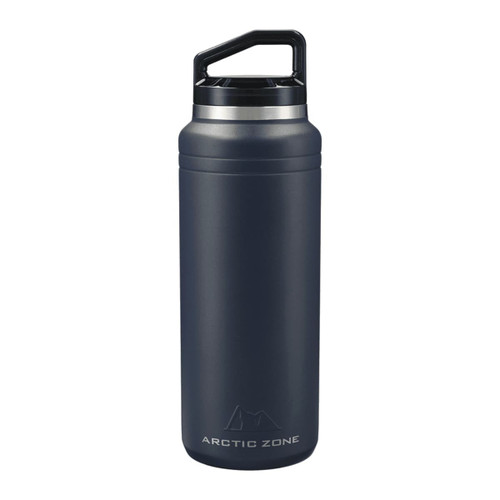 A drink bottle in dark navy with a stainless steel lid and a handle, featuring a logo on the front.