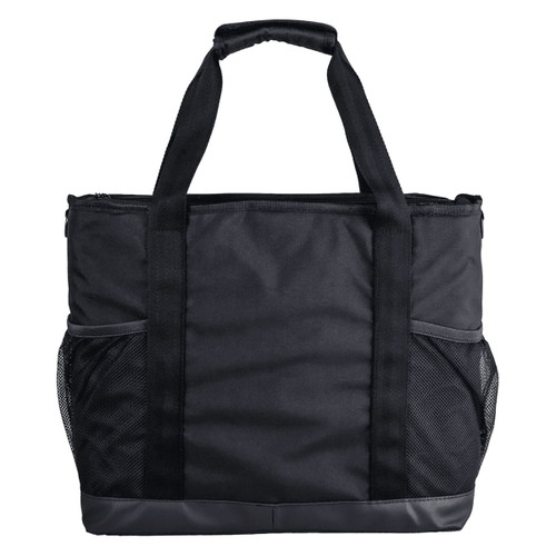 A black cooler bag with sturdy handles and mesh side pockets, featuring a logo on the front.