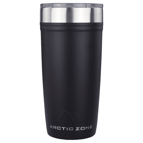 A drink bottle with a matte black finish and stainless steel lid, featuring a branding logo on the front.