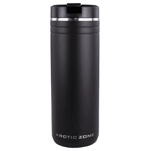 A drink bottle in matte black with a silver band and a lid, featuring a logo. Suitable for thermal beverages.
