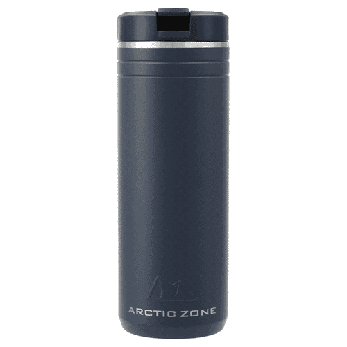 A drink bottle in navy blue with a stainless steel lid and a logo. Designed for thermal retention.