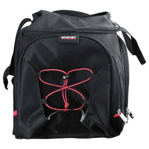 A black duffel bag with red accents featuring a bungee cord design on the front and multiple zippered compartments.