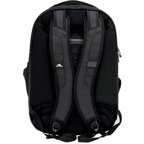 A black laptop backpack featuring padded straps, a mesh back panel, and a logo on the design.
