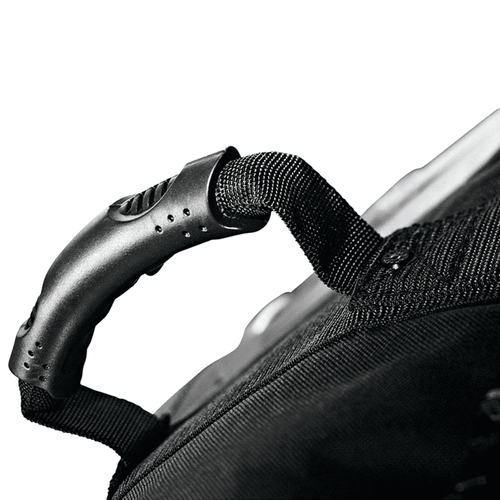 A close-up of a black wheeled duffel bag handle featuring a textured grip and attachment details.