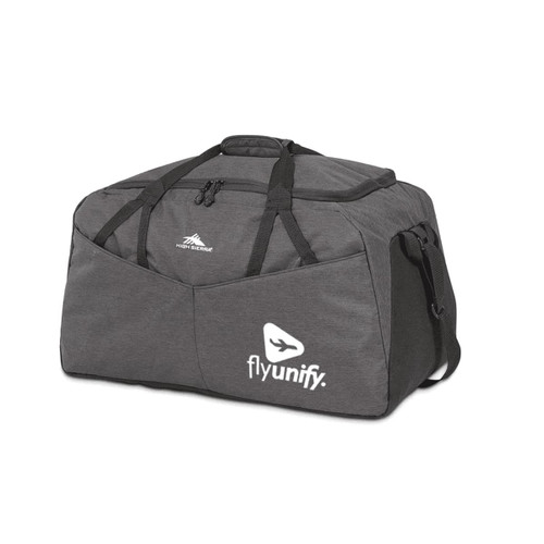 A grey duffel bag with a large compartment and multiple handles, featuring a logo on the front.