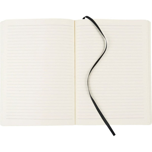 A large bound journal with soft covers, featuring lined pages and a black ribbon marker.