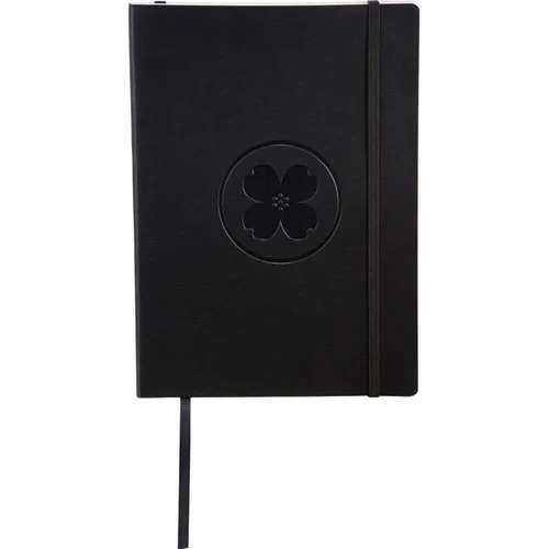 A black, ultra-soft bound journal with a floral emblem and an elastic band closure. Features a ribbon bookmark.