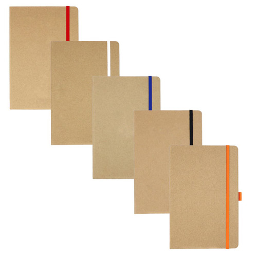A set of five journals in kraft paper, featuring coloured elastic bands in red, blue, black, and orange.