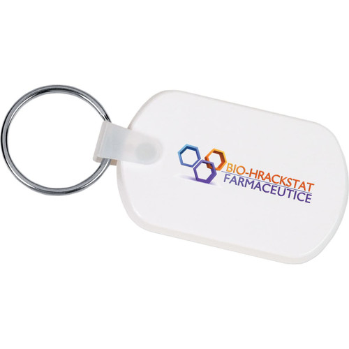 A white rectangular soft key tag with a metal keyring and a logo printed on it.