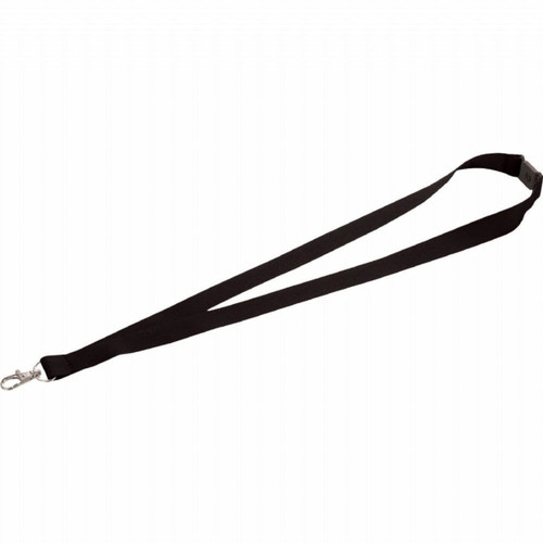 A black lanyard with a lobster clip, designed for holding items, featuring a logo.