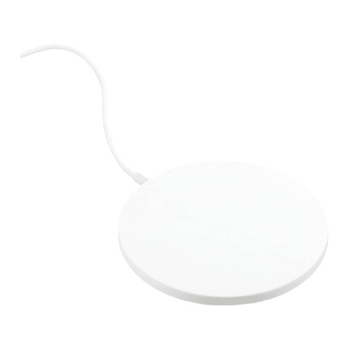 A white ultra-thin wireless charging pad with a connected cable. It features a simple design and has a logo.
